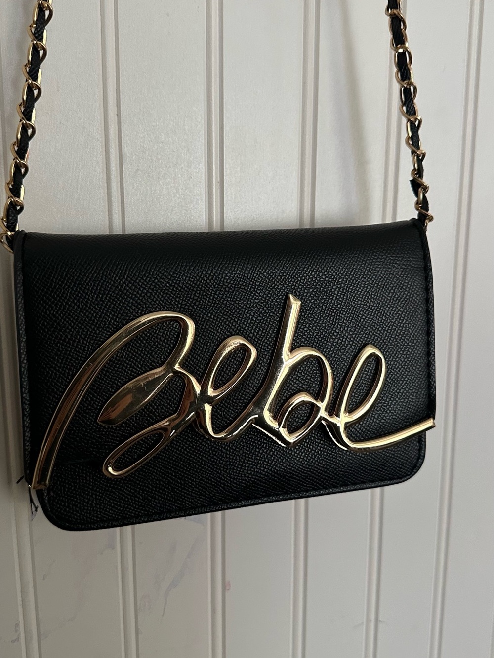 bebe Black Crossbody Bag with Gold Logo Script